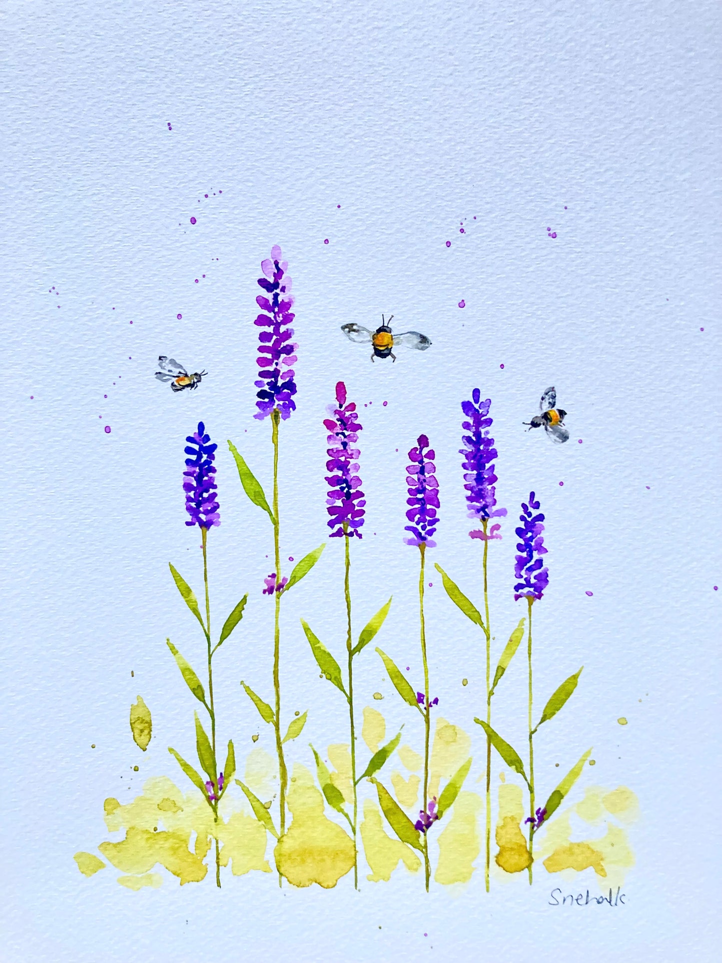 Lavender and Bumble Bees Floral Watercolor