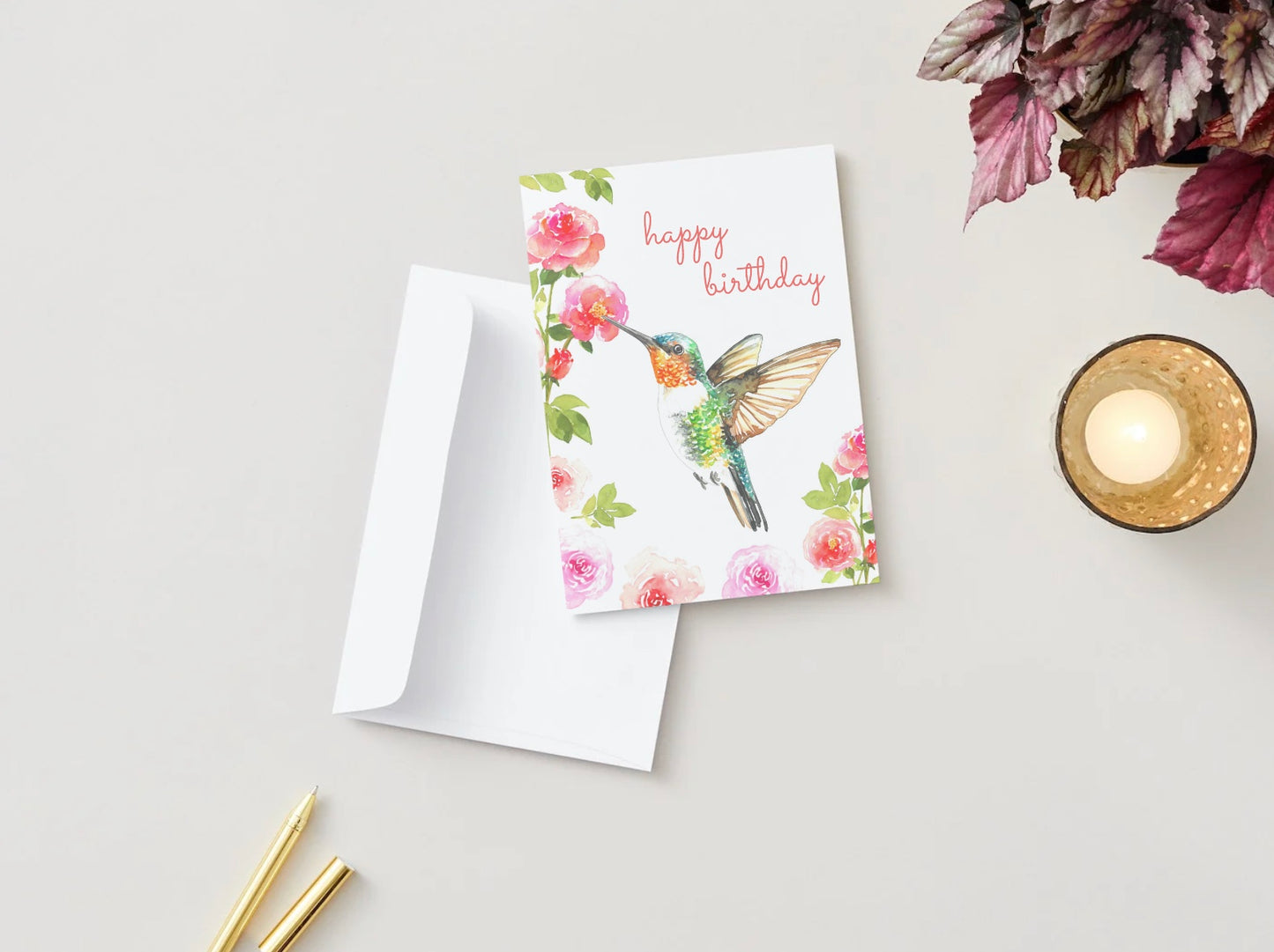 Greeting Card - Hummingbird, Roses, Spring, Birthday, Flowers, Note Card