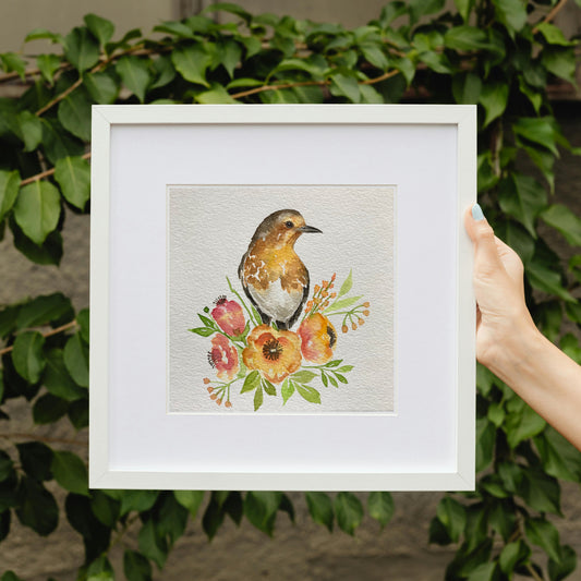 European Robin with Refreshing Flowers original painting