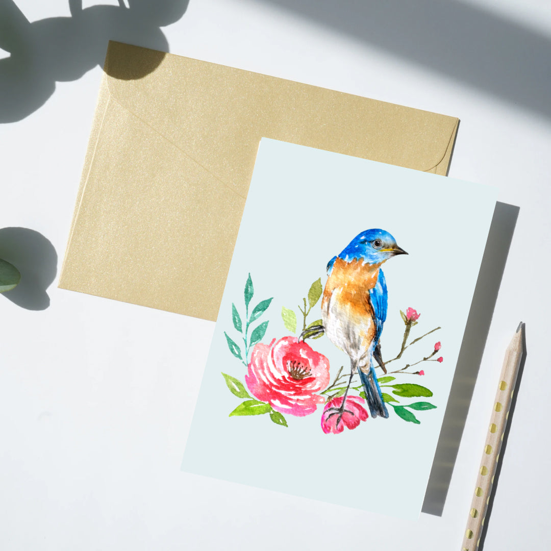 Bluebird Greeting Card, Mountain Bluebird, Birds, floral Card
