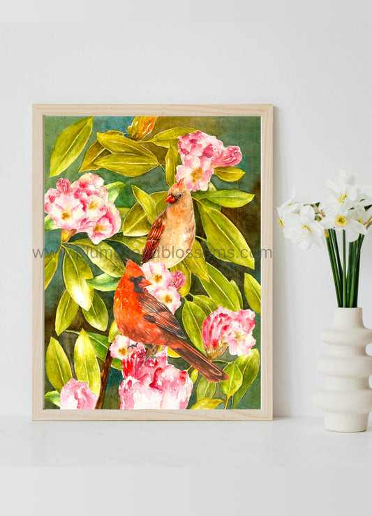 Cardinals, pink blossoms, birds, flowers print, red bird, Art Print 8x11,Poster print,