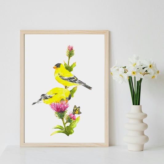 Golden Moments: American Goldfinches on a Thistle Tree