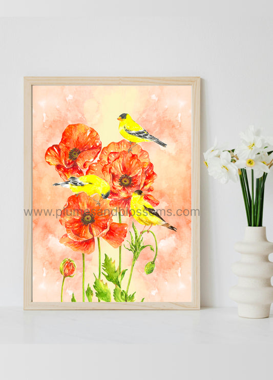 Poppies, American Goldfinches, Red, Poppy Flower, birds, flowers print, Art Print 8x11,Poster print