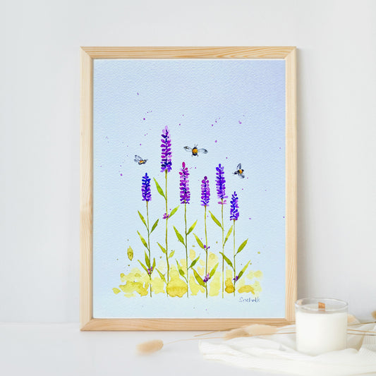 Lavender and Bumble Bees Floral Watercolor