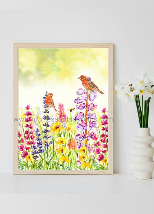 Spring Flower, House finches, Colorful flowers print, Art Print 8x11,Poster print