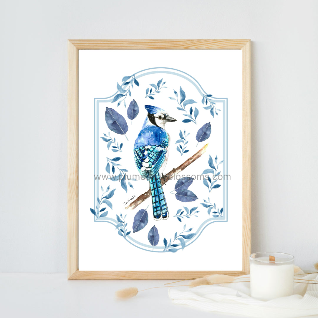Birds of NS - Blue Jay Leaves, Bluejay, NS Birds, Seaside Bids, Art Print 8x11, Poster print