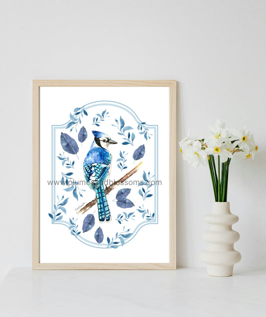 Birds of NS - Blue Jay Leaves, Bluejay, NS Birds, Seaside Bids, Art Print 8x11, Poster print