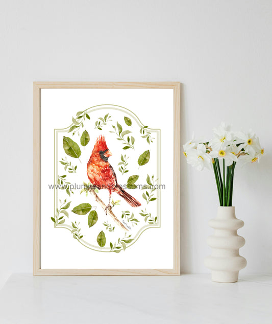 Birds of NS - Cardinal Leaves, Cardinal, NS Birds, Seaside Bids, Art Print 8x11, Poster print
