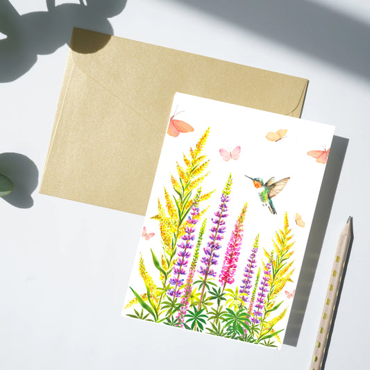 Lupine Greeting Card, Lupine, HummingBirds, Butterfly, floral Card