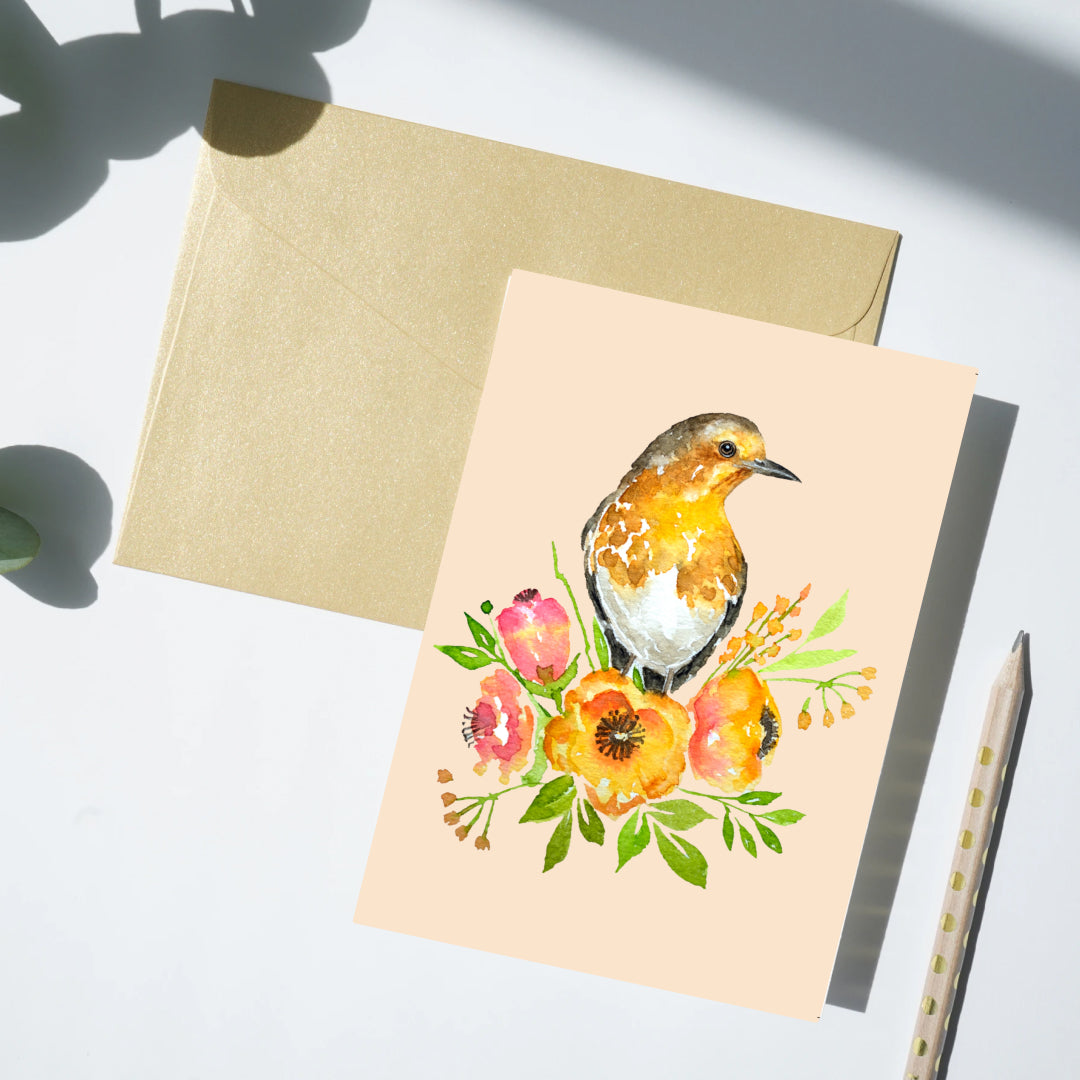 Robin Greeting Card, European Robin, Birds, floral Card